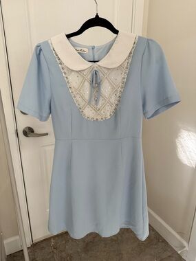 Stylish Light Blue Embellished Peter Pan Collar Dress